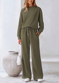 Casual Long Sleeve Pullover Tops and Wide Leg Pants Knitted Two Piece Sets