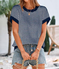 Short Sleeve Round Neck Striped Pullover Cap Sleeve Knit T-shirt