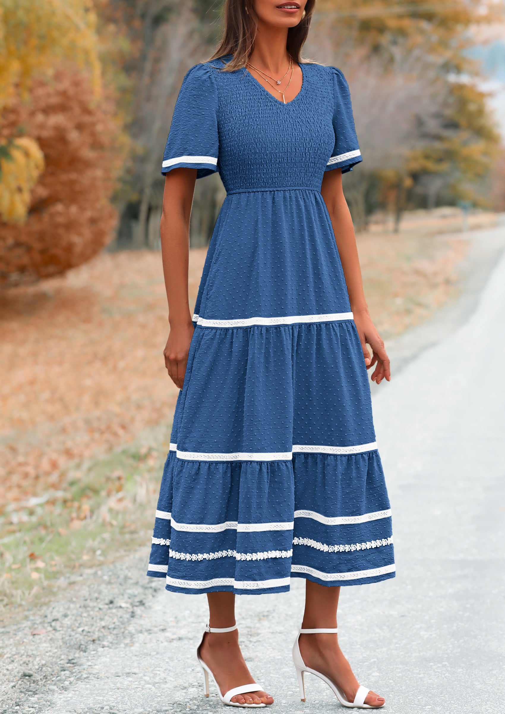 PRETTYGARDEN Women's Casual Summer Maxi Dress Short Sleeve Swiss Dot V Neck Smocked Long Flowy Beach Dresses