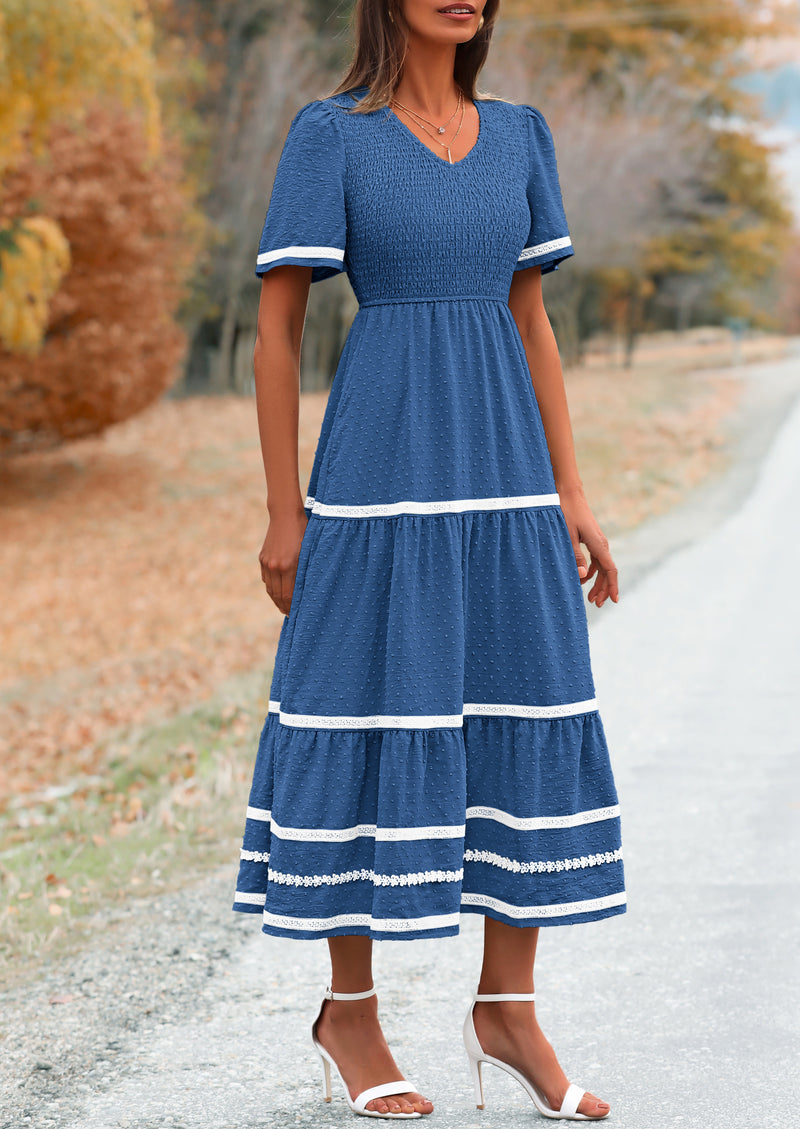 PRETTYGARDEN Women's Casual Summer Maxi Dress Short Sleeve Swiss Dot V Neck Smocked Long Flowy Beach Dresses