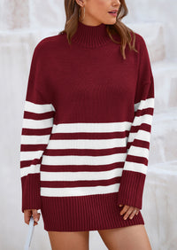 Striped Turtleneck Long Sleeve Loose Fit Chunky Knit Casual Mini Sweater Dresses