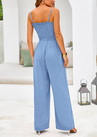 Linen Smocked Spaghetti Strap Pockets Wide Leg Jumpsuits