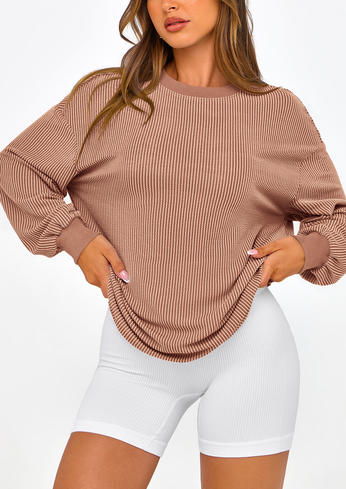 Long Sleeve Casual Loose Crew Neck Ribbed Blouse