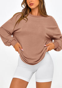 Long Sleeve Casual Loose Crew Neck Ribbed Blouse