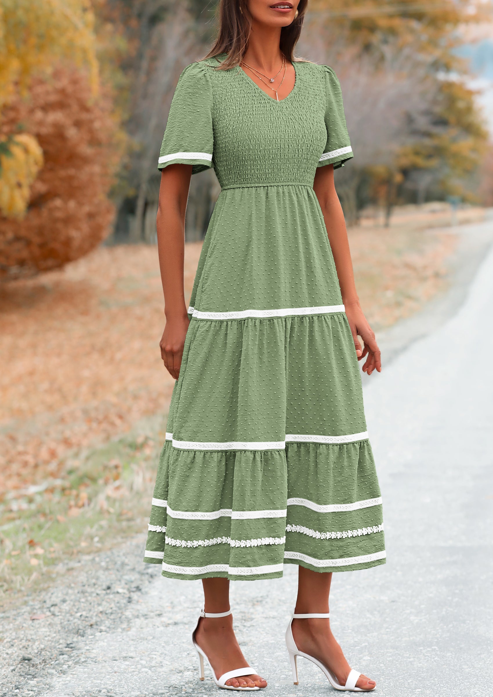 PRETTYGARDEN Women's Casual Summer Maxi Dress Short Sleeve Swiss Dot V Neck Smocked Long Flowy Beach Dresses