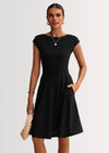 PRETTYGARDEN Womens Short Summer Dress Crewneck Cap Sleeve Ribbed Knit Casual Flowy A Line Mini Sundresses with Pockets