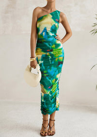 One Shoulder Bodycon Printed Ruched Mesh Party Cocktail Fitted Long Dress