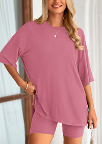 Casual Short Sleeved Round Neck Top Paired With Shorts Two-Piece Set
