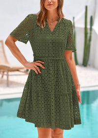 Short Sleeve V Neck Hollow Out Eyelet Ruffle A Line Swing Mini Dress