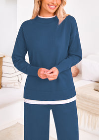 PRETTYGARDEN Two Piece Matching Sweater Lounge Sets Knit Long Sleeve Pullover Tops Wide Leg Pants