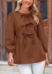 Babydoll Trendy 3/4 Length Puff Sleeve Bow Tie Front Cute Peplum Blouses