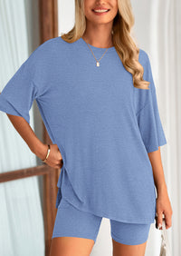 Casual Short Sleeved Round Neck Top Paired With Shorts Two-Piece Set
