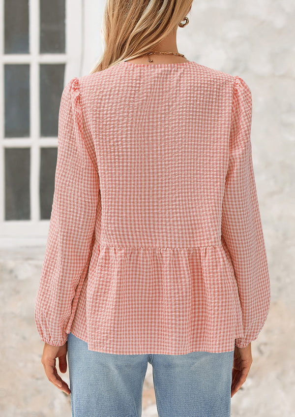 Babydoll Peplum Puff Long Sleeve Bow Tie Front Cute Y2K Blouses
