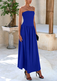 Strapless Patchwork Long Flowy Elegant Tube Top Maxi Dresses with Pockets