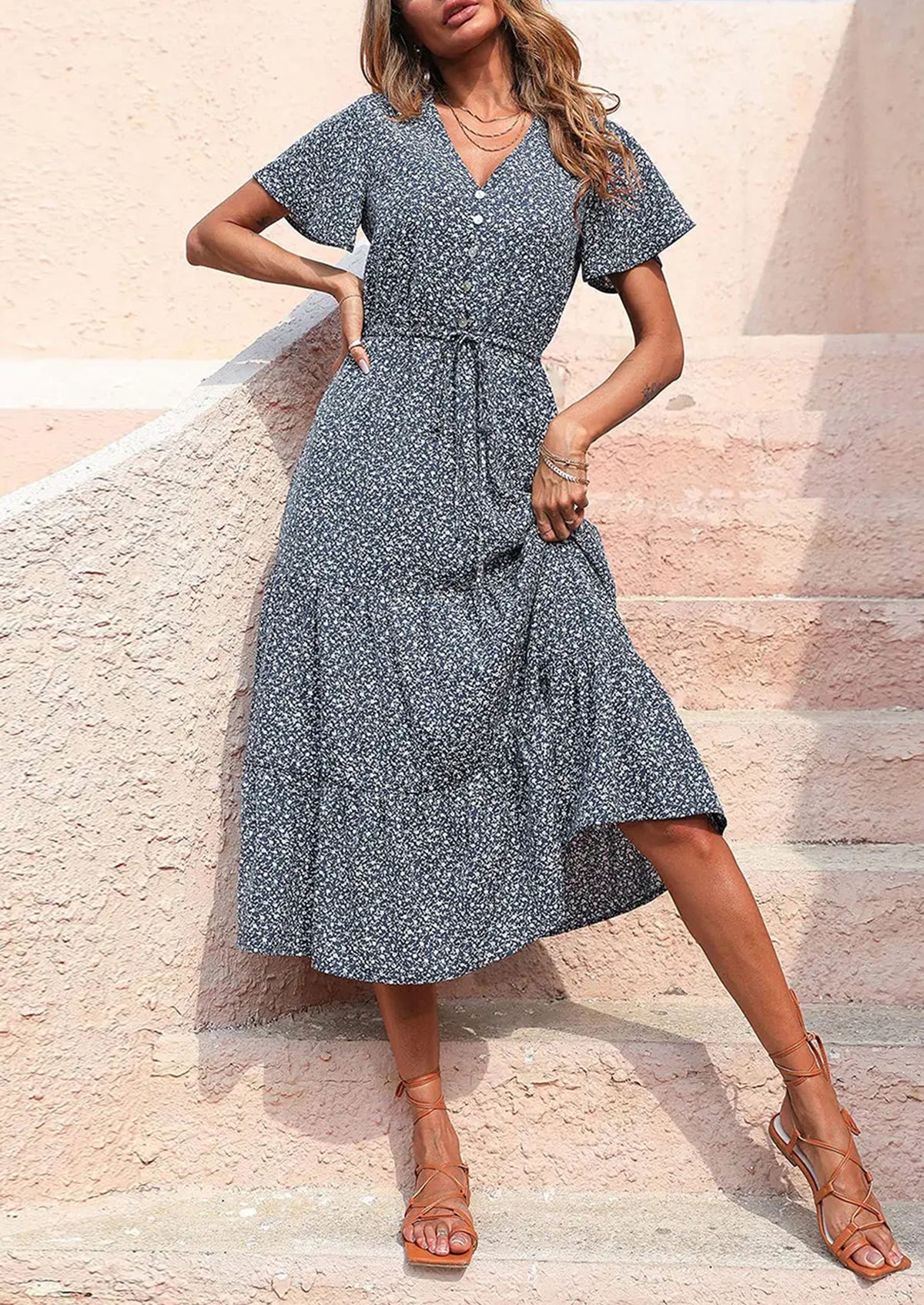 Summer V Neck Floral Maxi Dresses with Belt