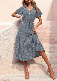 Summer V Neck Floral Maxi Dresses with Belt