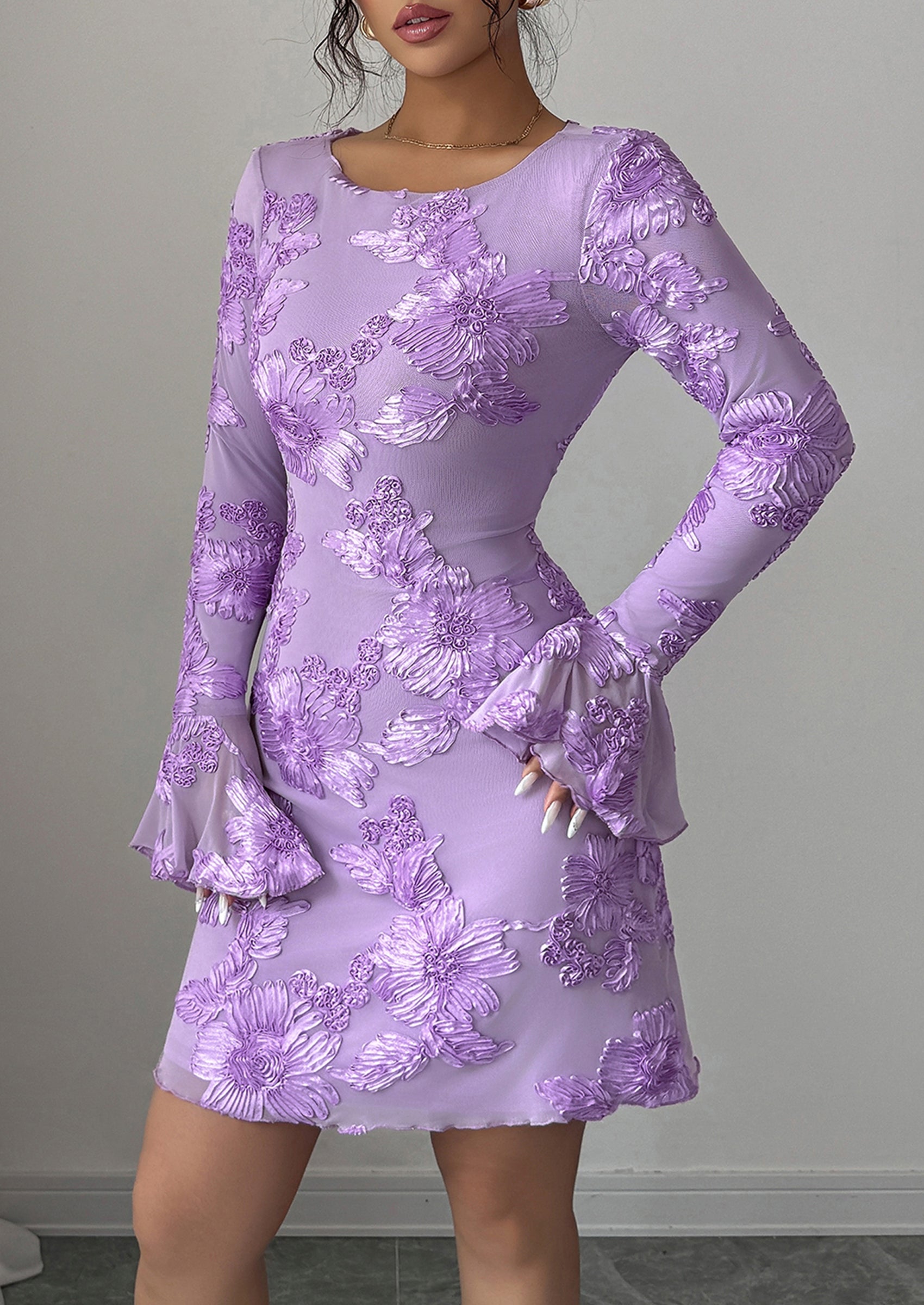PRETTYGARDEN Women's Floral Embroidered Dress Fall Long Bell Sleeve Ribbon Flower Mini Short Mesh Bodycon Party Dresses