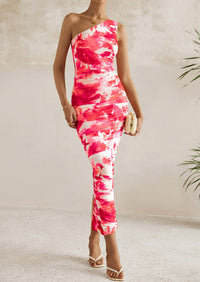 One Shoulder Bodycon Printed Ruched Mesh Party Cocktail Fitted Long Dress