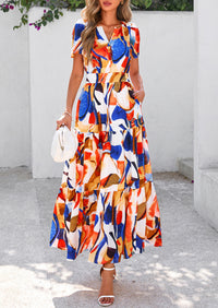 Boho Floral Short Sleeve V Neck A Line Tiered Ruffle Flowy Long Beach Vacation Maxi Dresses