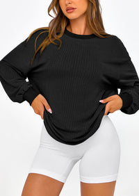 Long Sleeve Casual Loose Crew Neck Ribbed Blouse