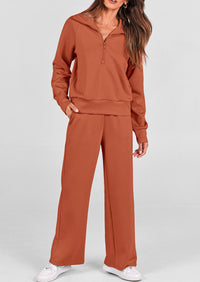 Flip Collar Half Zip Top And Wide Leg Pants Casual Two-Piece Set