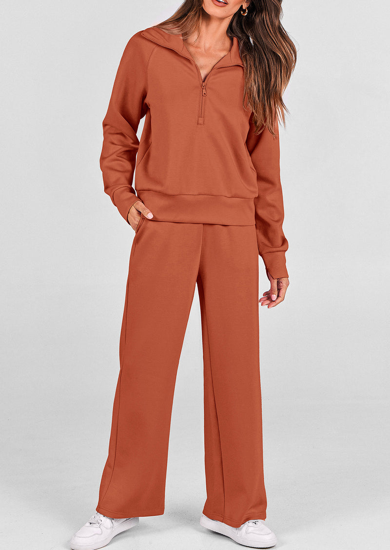 PRETTYGARDEN Women's 2 Piece Outfits Casual Lapel Half Zip Sweatshirts And Wide Leg Pants Tracksuit Sets