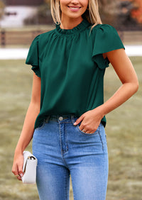 Satin Dressy Casual Ruffle Short Sleeve Crew Neck Work Party Blouses