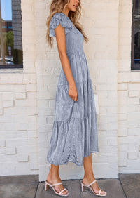 Floral  Summer Cap Sleeve Smocked Ruffle A Line Long Flowy Wedding Guest Midi Dresses