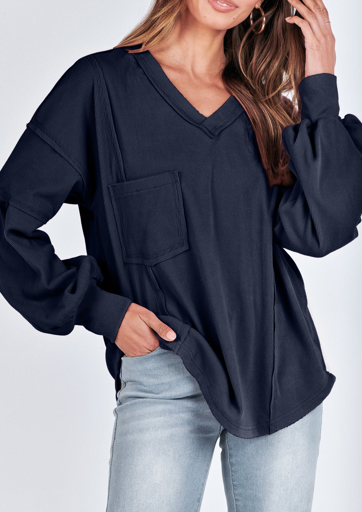 Long Sleeved Casual V-Neck Loose Knit Pullover