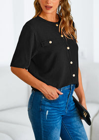 Button Down Casual Short Sleeve Crew Neck Ribbed Knit Shirts
