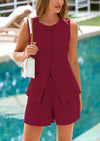 PRETTYGARDEN Two Piece Sets Button Down Suit Vest Tops High Waisted Shorts Business Casual Outfits