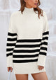 Striped Turtleneck Long Sleeve Loose Fit Chunky Knit Casual Mini Sweater Dresses