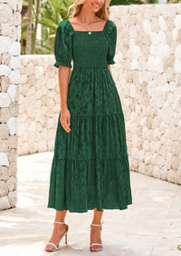 Casual Square Neck Short Sleeve Smocked A Line Floral Flowy Elegant Boho Midi Dresses