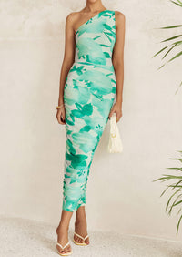 One Shoulder Bodycon Printed Ruched Mesh Party Cocktail Fitted Long Dress