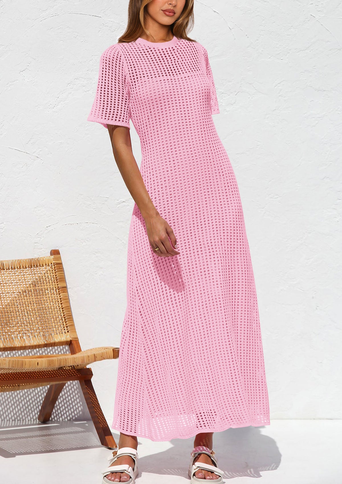 Eyelet Beach Vacation Resort Short Sleeve Hollow Out Dress Cover Up Maxi Dresses