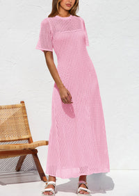 Eyelet Beach Vacation Resort Short Sleeve Hollow Out Dress Cover Up Maxi Dresses