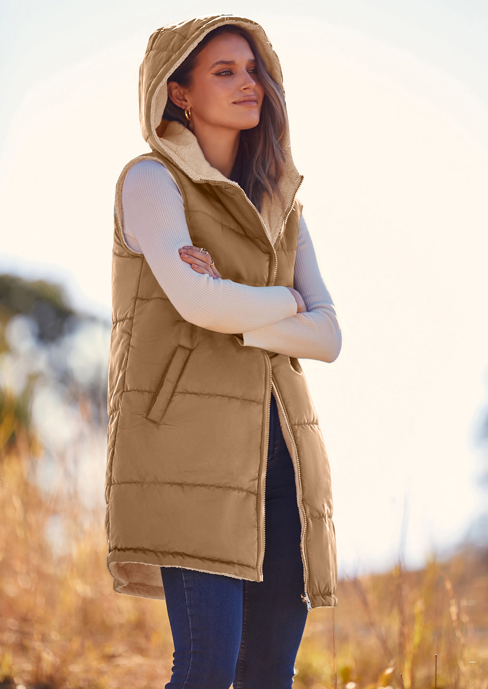 PRETTYGARDEN Womens Fall Reversible Vests Sleeveless Fleece Jacket Zip Up Hoodie Pockets Long Warm Winter Coat Outerwear