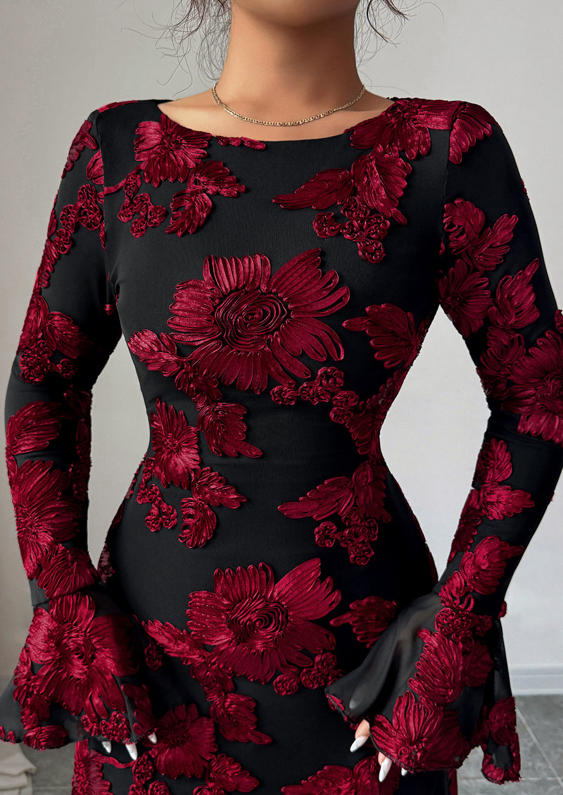 PRETTYGARDEN Women's Floral Embroidered Dress Fall Long Bell Sleeve Ribbon Flower Mini Short Mesh Bodycon Party Dresses