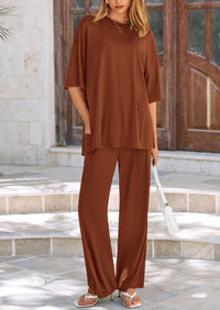 Short Sleeve Pullover Tops And Wide Leg Pants Two Piece Sets