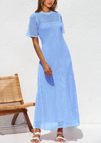 Eyelet Beach Vacation Resort Short Sleeve Hollow Out Dress Cover Up Maxi Dresses