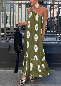 One Shoulder Spaghetti Strap Printed A Line Flowy Boho Maxi Long Sundress