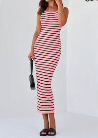 Casual Sleeveless Striped Ribbed Knit Beach Vacation Sundress Tank Midi Dress
