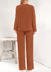 Knitted Long Sleeved V-Neck Pullover, Wide Leg Long Pants Two-Piece Set