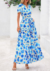 Boho Floral Short Sleeve V Neck A Line Tiered Ruffle Flowy Long Beach Vacation Maxi Dresses