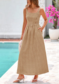 Spaghetti Strap  Plaid Square Neck A Line Smocked Casual Vacation Maxi Dresses