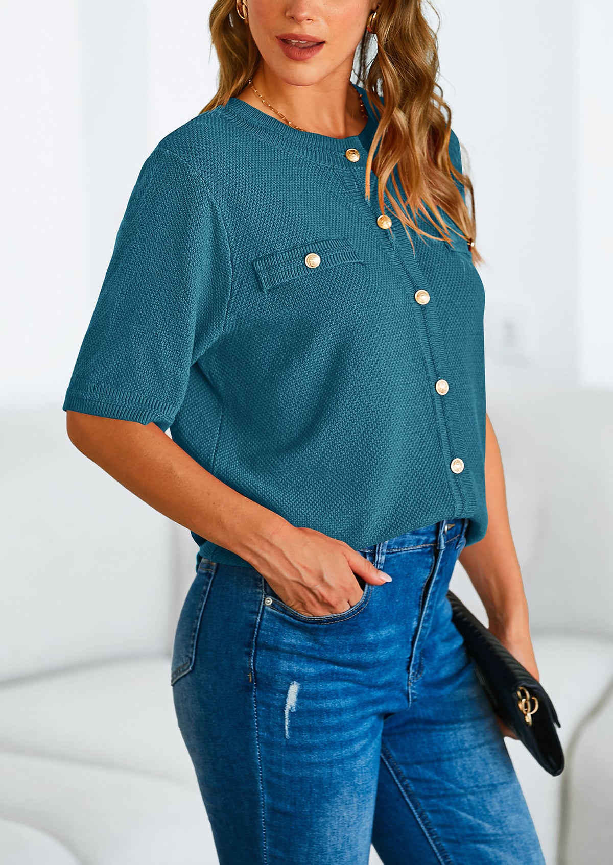 Button Down Casual Short Sleeve Crew Neck Ribbed Knit Shirts