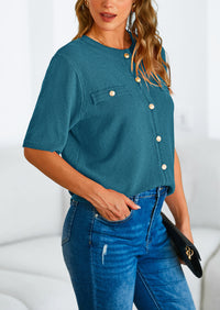 Button Down Casual Short Sleeve Crew Neck Ribbed Knit Shirts