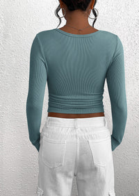Long Sleeved V-Neck Button Slim Knit Solid Color Casual Shirt