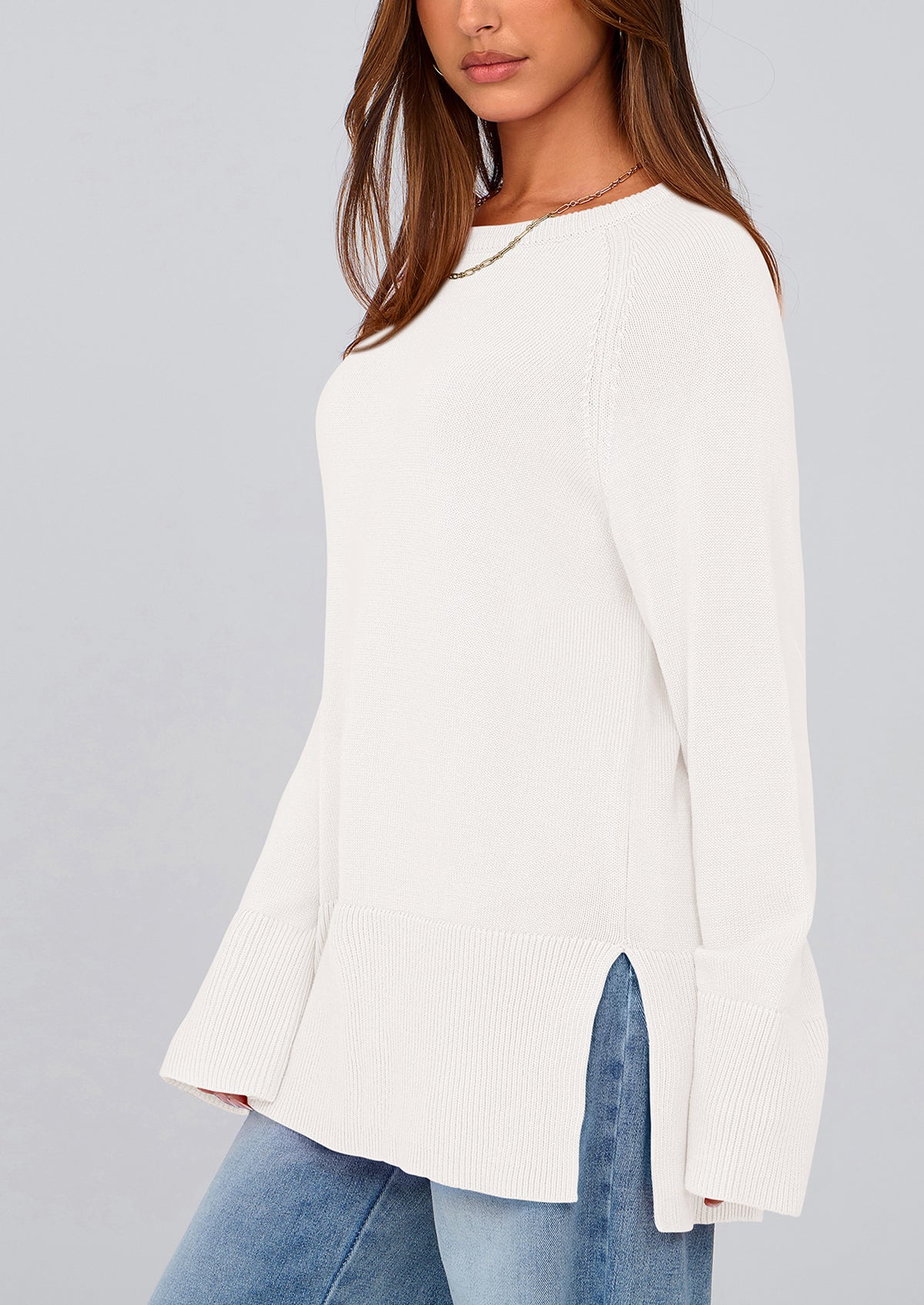 Knit Long Sleeve Crew Neck Split Hem Loose Oversized Tunic Sweaters