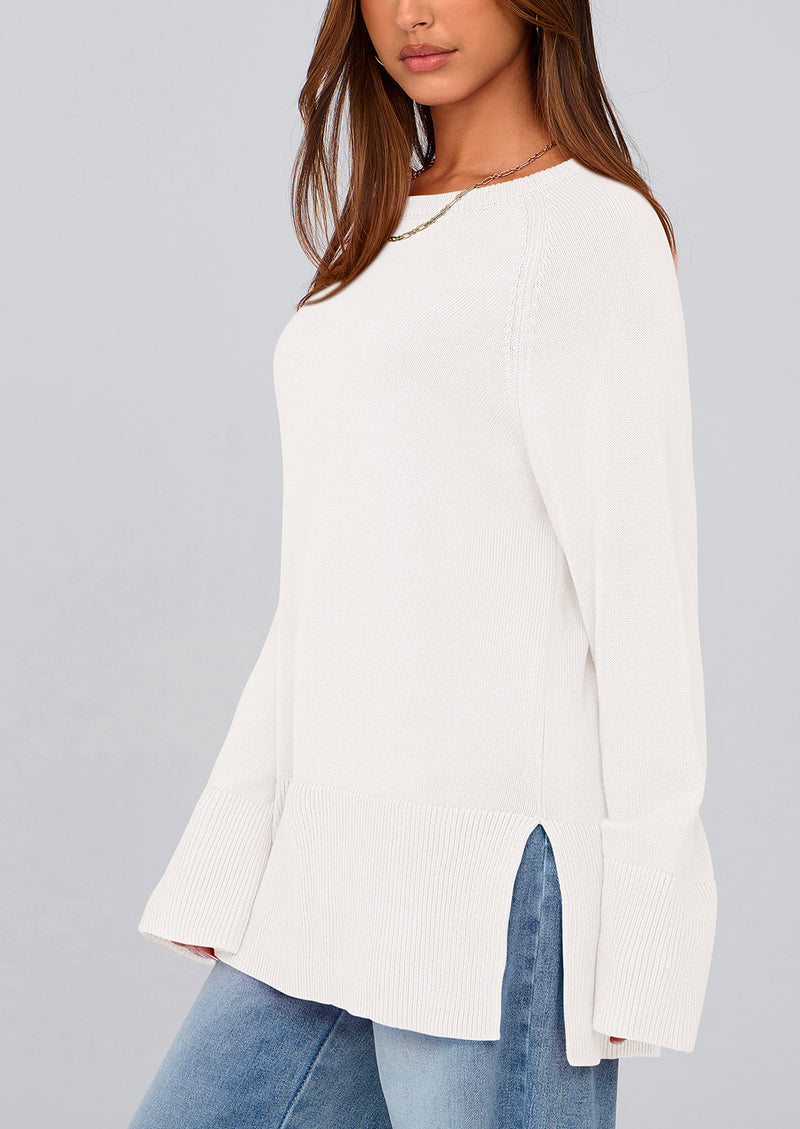PRETTYGARDEN Women's Knit Fall Sweaters Long Sleeve Pullover Crewneck Split Hem Oversized Tunic Sweater Tops Winter Clothing